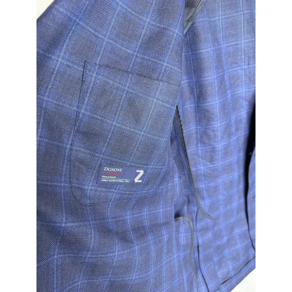 Bonobos Athletic Fit Zignone Italian Wool Plaid Blazer Jacket Coat Blue 44L